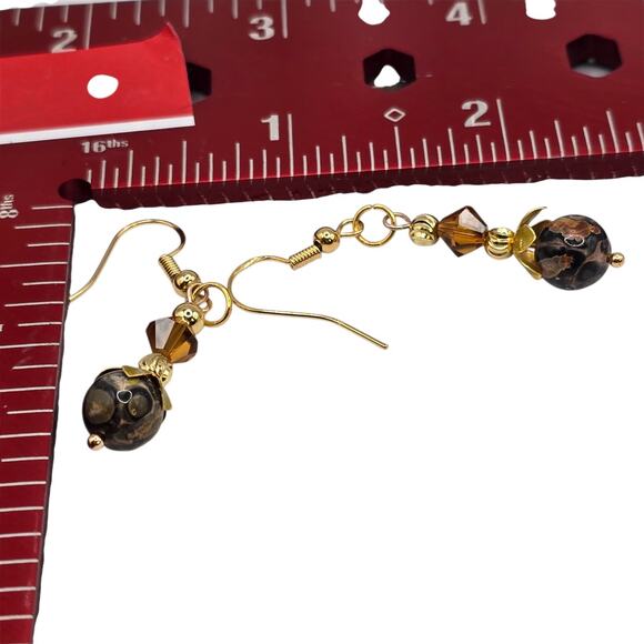 Pierced Earrings Leopard Skin Jasper Bicone Brown Beads Handcrafted SKU2794 - Picture 3 of 7